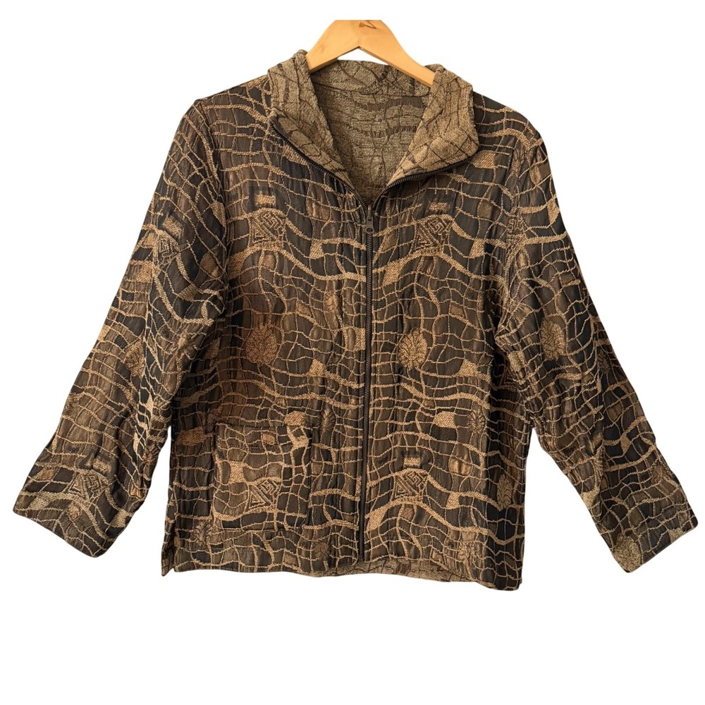 Parsley & Sage Sz Lg Bronze Black Jacquard Reversible Zip Up Jacket Art to Wear